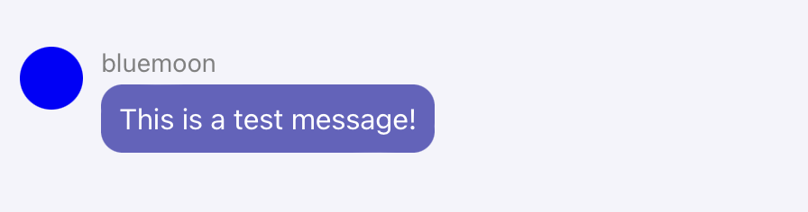 A chat app message bubble from user "bluemoon" saying "This is a test message!" built using Vue.js 3 components
