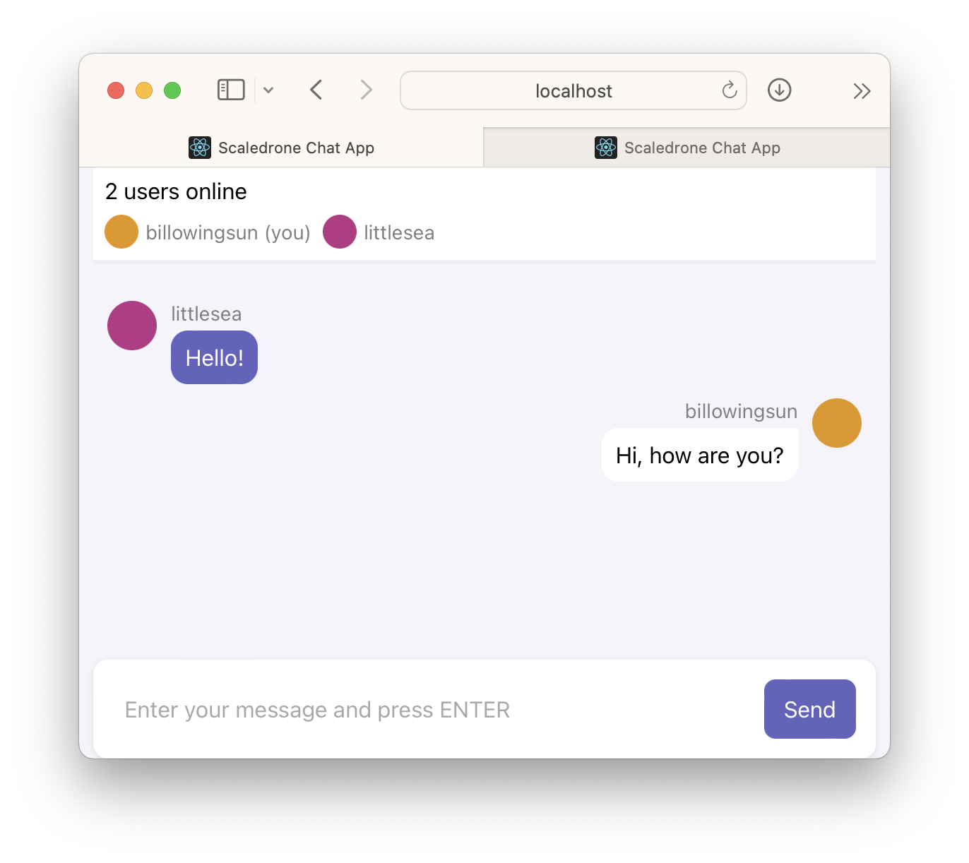 A browser window showing a working Vue.js chat app connected to a web service, with two tabs open, one for each user.